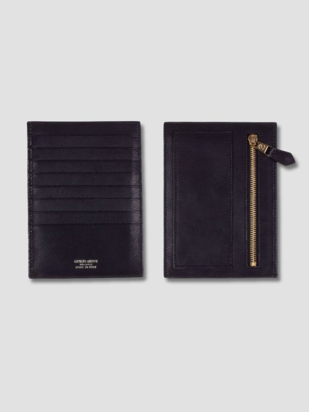 GIORGIO ARMANI Black Leather Card Holder Zipper Coin Pocket Wallet - Picture 1 of 6
